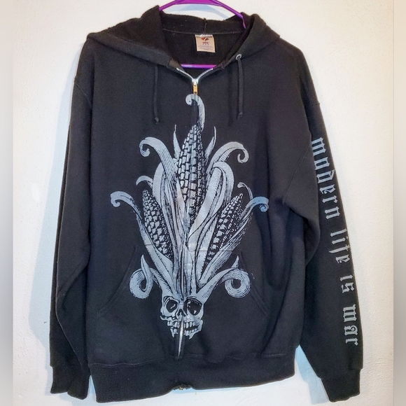 EARLY 2000s VINTAGE MODERN LIFE IS WAR corn skull black zip up hoodie - Picture 1 of 15